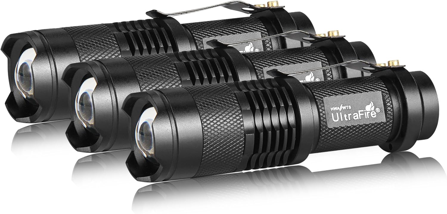 3 Pack UltraFire Mini Flashlights Focus Adjustable SK68 Single Mode Tactical LED Flashlight, Ultra Bright 300 Lumens Torch - - 