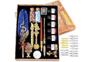 AIFEITER Quill Pen Ink Set-Feather Calligraphy Pen and Ink Set,Includes 6 Bottles of Ink,Quill Pen,Glass Dipping Pen,Wooden Dipping Pen,17 nibs,8 Sheets of Writing Paper,Envelope,Spoon-Blue