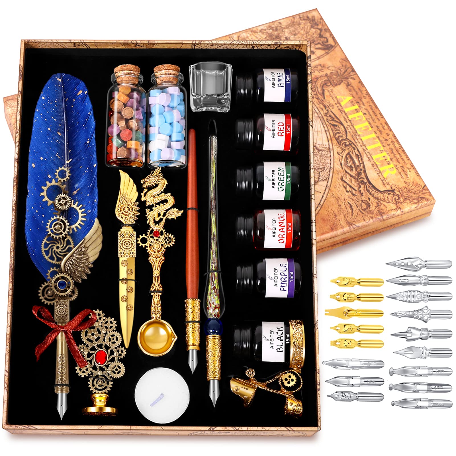 MPRINCE Pen and Ink Set, Pen Calligraphy Set with 6 Ink Bottles, 17 Nibs and 8 Sheets Blue Writing Paper