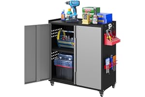 KOOYON Metal Garage Storage Cabinet with Locking Doors and Adjustable Shelves,34.3" H Small Rolling Tool Storage Cabinet,Lockable Metal Tool Cabinet on Wheels for Garage, Warehouse, Barbershop-Black Gray