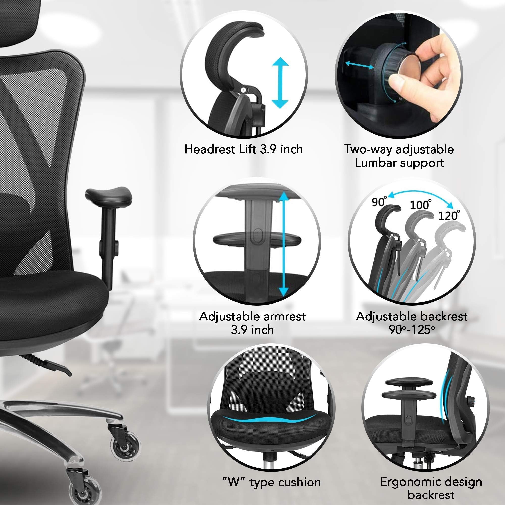 Ergonomic Office Chair - Adjustable High-Back Desk Chair with Lumbar Support, Rollerblade Wheels, Breathable Mesh, Thick Seat Cushion, Headrest Armrests - Reclining Executive Computer Home Chair - Image 7