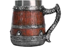 Medieval Mug, Retro Stainless Steel Double Wall Simulated Wooden Barrel Stein Mug 550ml, Beer Accessories for Men, Hold Beer,