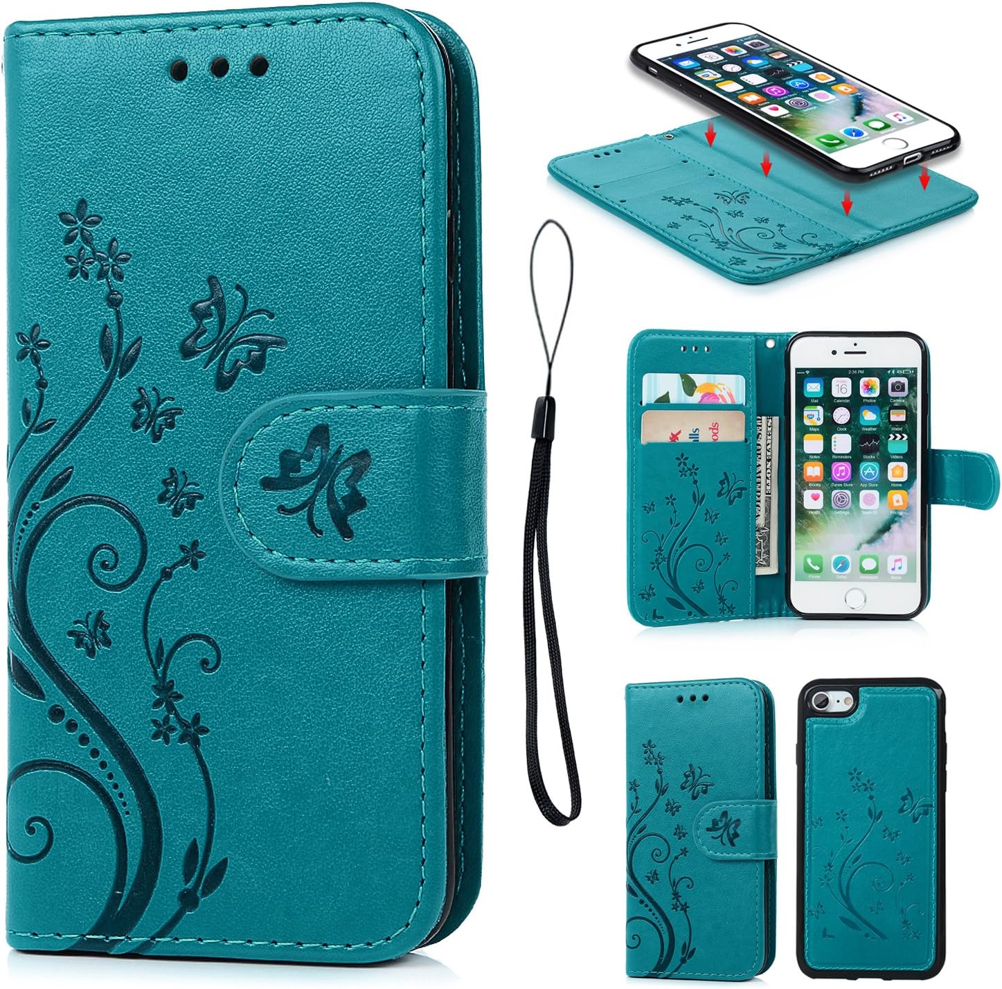 iPhone 7 Case, Pincenti iPhone 7 Wallet Case PU Embossed Butterfly Flower Leather Detachable Wallet with Card Holder and ID Slot Cover for iPhone 7 4.7 Inch (Blue)