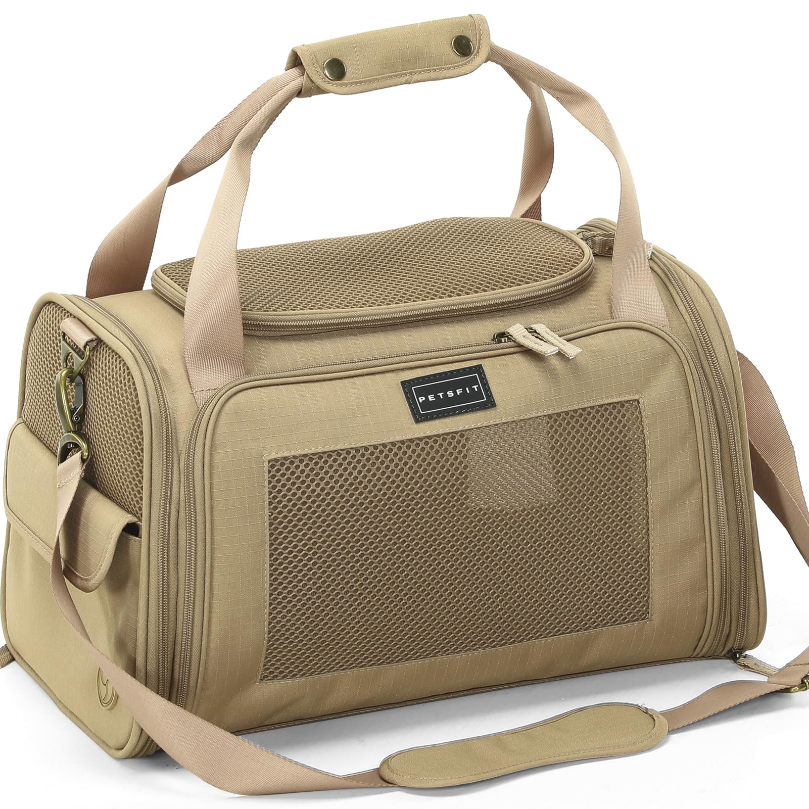 Petsfit Airline Approve Cat Carrier, Lightweight Travel Use Dog Carrier for Small Dogs, Quadrangle Oxford Fabric and Ventilation Mesh，Soft Sided Pet Travel Carrier with Expandable mat，Khaki