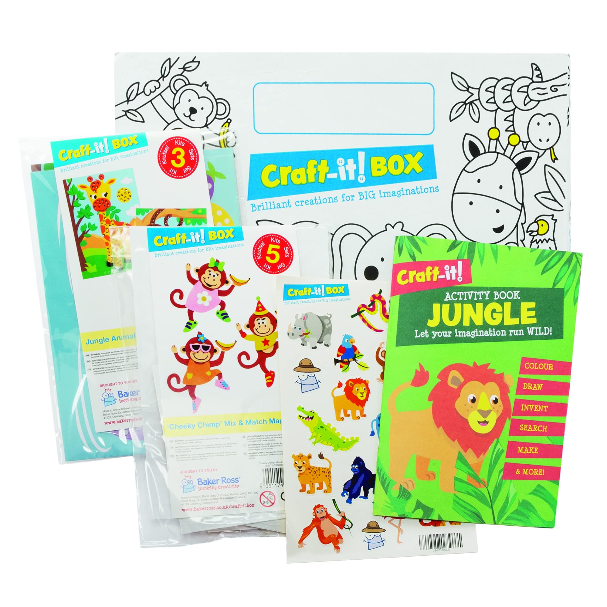 Baker Ross CBS006 Jungle Arts and Crafts Pack for Kids - Two Fun Jungle Themed Creative Kits, Stickers and Activity Book for Boys and Girls
