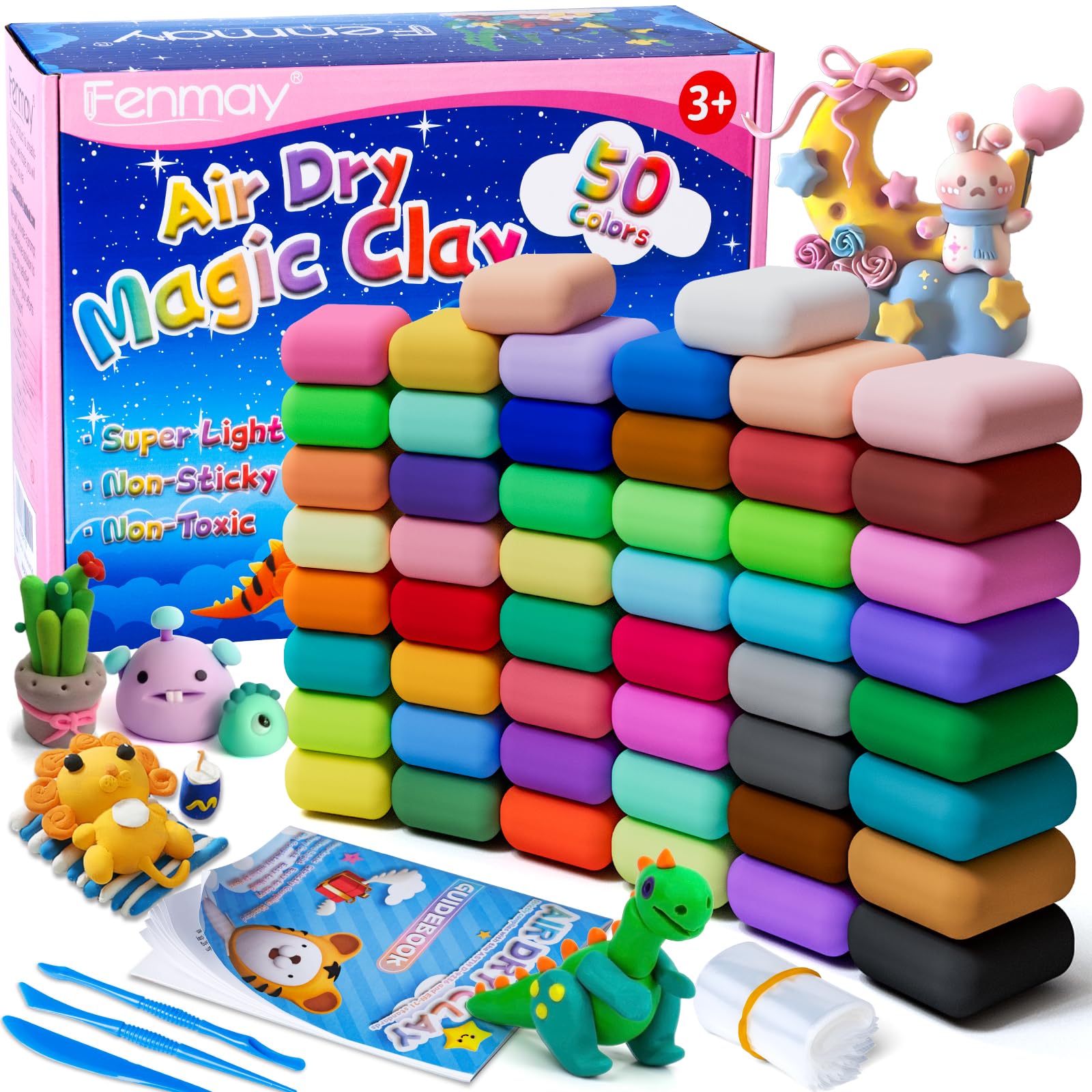 Air Dry Clay, 50 Colors Modelling Clay Kit, Ultra Light Non-Toxic Air Drying Clay for Kid, Magic Clay with 3 Clay Tools & Guidebook, Arts and Crafts Kits for Kids Boys Girls Toys