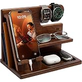 TESLYAR Wood Phone Docking Station for Men - Desktop or Nightstand Organizer - Birthday Gifts for Men, Dad - Anniversary Idea from Wife - Key Holder, Stand Wallet, Watch &amp; Essentials (Bourbon Brown)