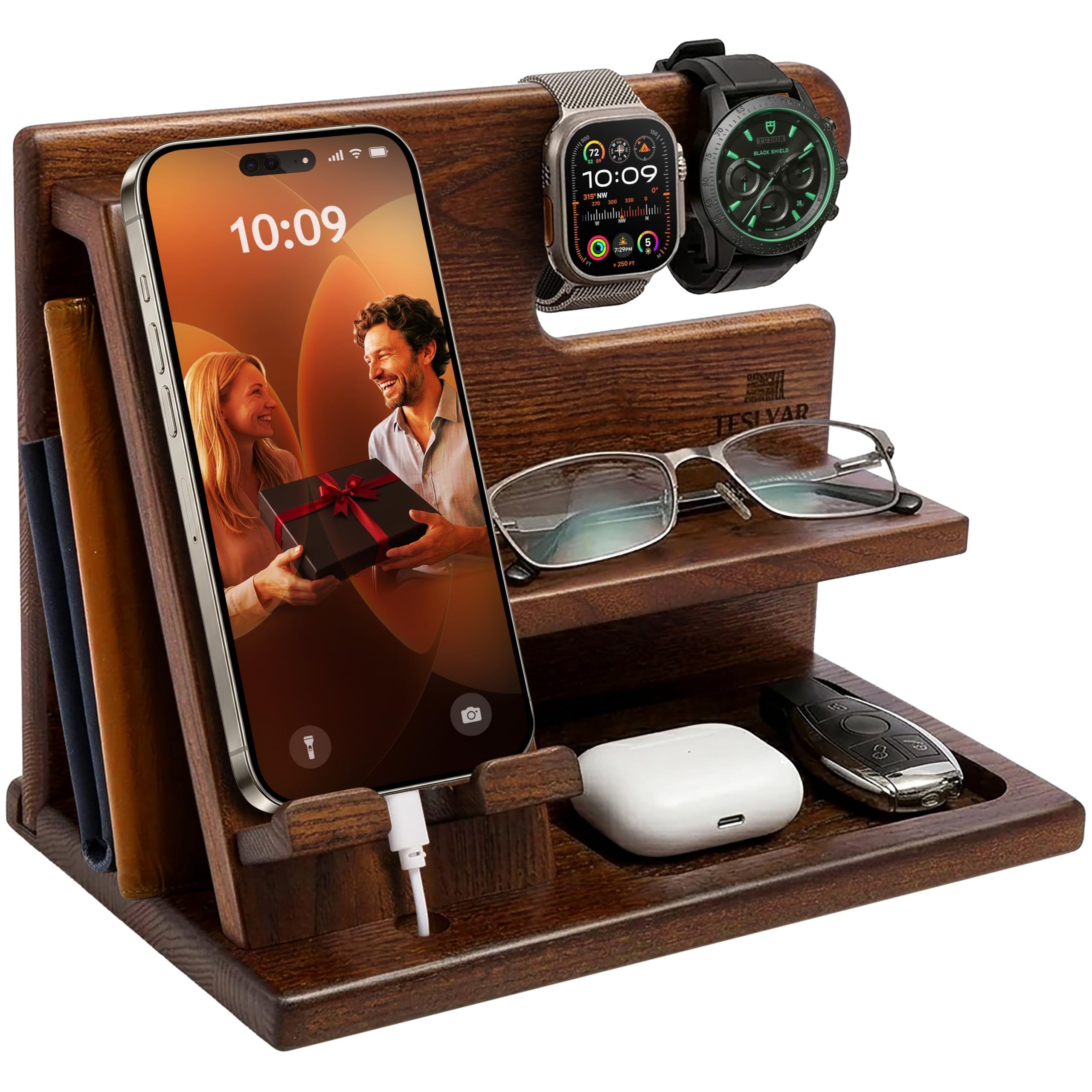TESLYAR Wood Phone Docking Station for Men - Desktop or Nightstand Organizer - Birthday gifts for Men or Dad - Anniversary Idea from Wife - Key Holders, for Wallet, Watch & Essentials (Chestnut Brown)