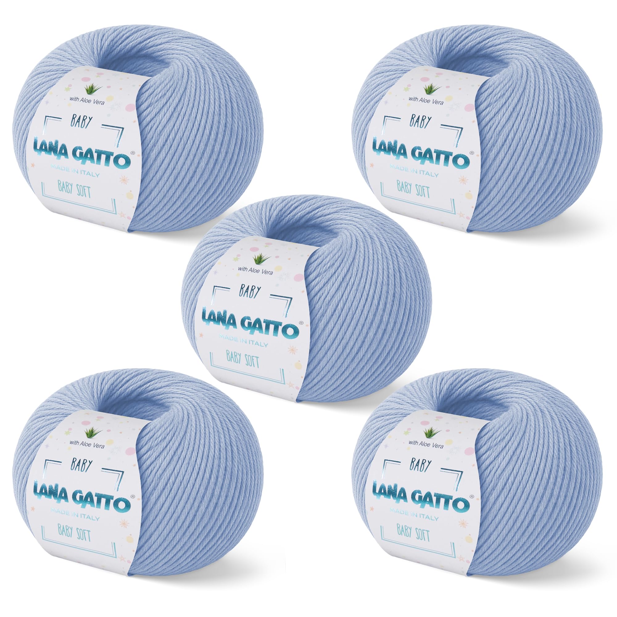Baby Soft Yarns for Crocheting and Knitting 100% Merino Wool Treated with Aloe Vera, Soft Wool for Babies, Made in Italy by Lana Gatto, (5, Light Blue - 12260)