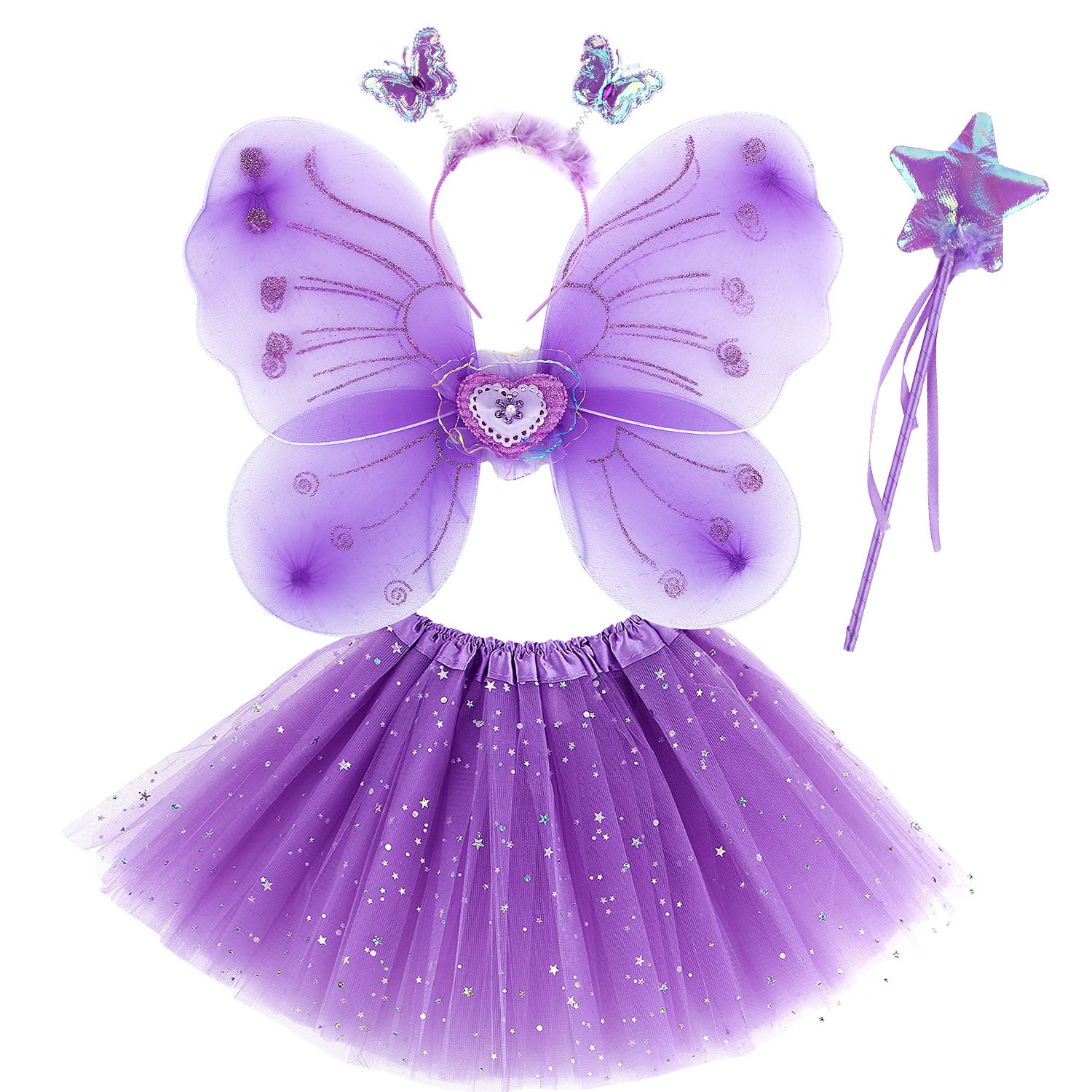 Discoball Girls Fairy Costume Set Princess Tutu Skirt Fairy Magic Butterfly Wings Dress Up Fantasy Costume Play with Butterfly Wings, Magic Wand and Headband Set for 3-8 Years Girls (Purple)