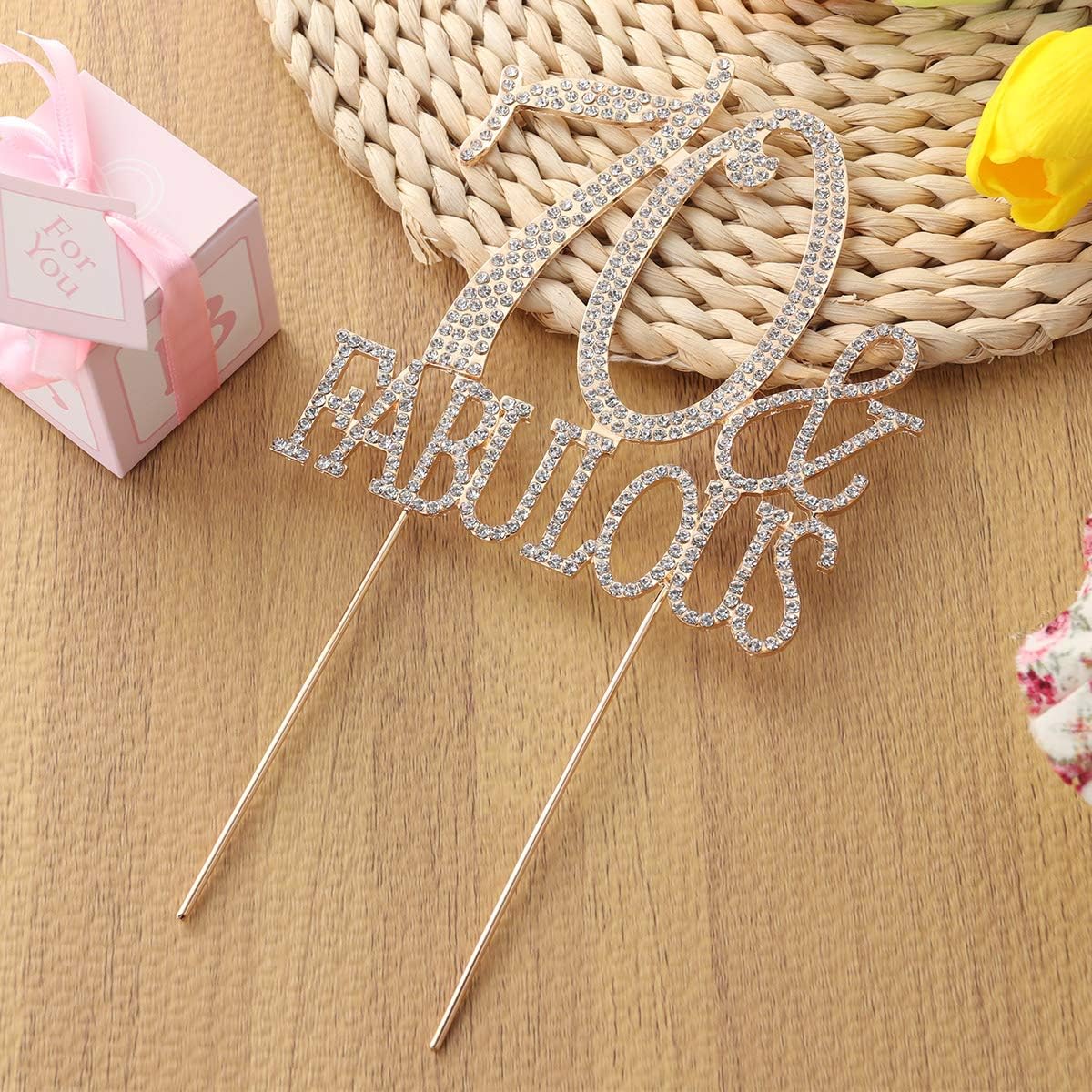 YeahiBaby 70 and Fabulous Cake Topper Sparkly Rhinestone Diamond Cupcake Toppers 70th Birthday Party Decorations for Wedding Anniversary (Golden),21.8 x 12.2 x 0.3cm - Image 3