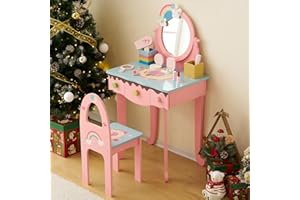 Karl home Kids Vanity Table and Chair Set, Princess Toddler Dressing Table with 7pcs Multiple Make up Accessories 3 Drawers & Tabletop Storage, Wooden Pretend Play Vanity Set for Little Girls, Pink