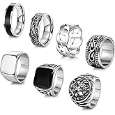AFSITNIG 7Pcs Stainless Steel Vintage Signet Rings for Men Square Signet Rings Cuban Link Chain Ring Pinky Thumb Celtic Band Spinner Ring Silver Gold Polished Edge Mens Ring Biker Rings Set,Size 8-13