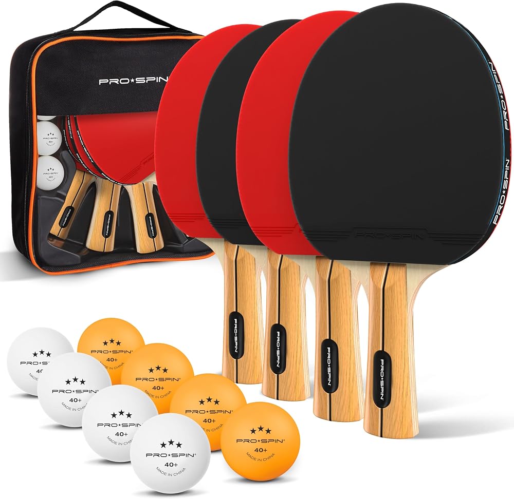 PRO-SPIN Table Tennis Bats 4-Player Set with 3-Star Balls Case