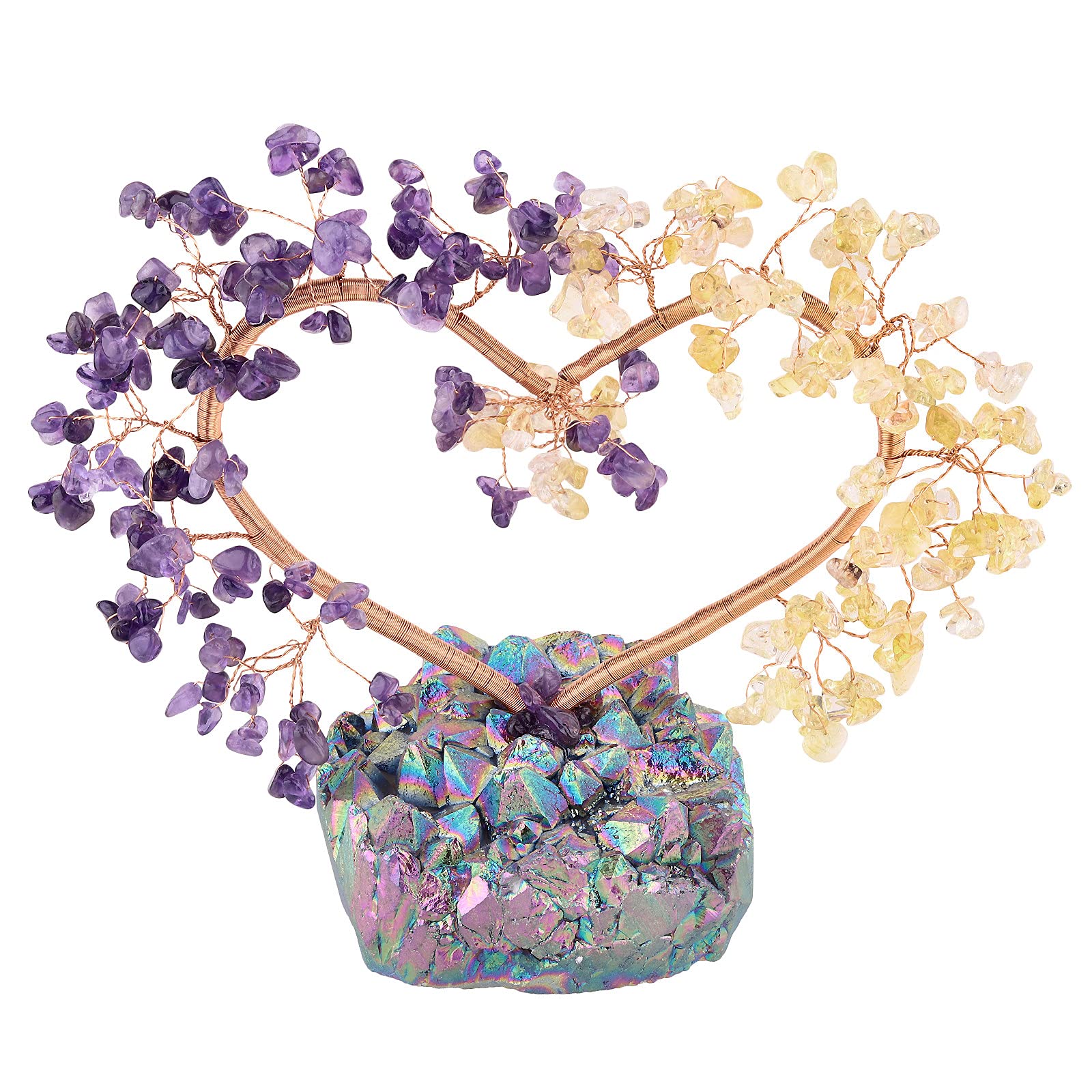 mookaitedecor Amethyst Citrine Crystal Money Tree Love Heart Crystal Bonsai Tree with Rainbow Aura Quartz Base Crystal Tree of Life Healing Crystal Gifts, Love Heart Home Decor Wedding Love Ornament