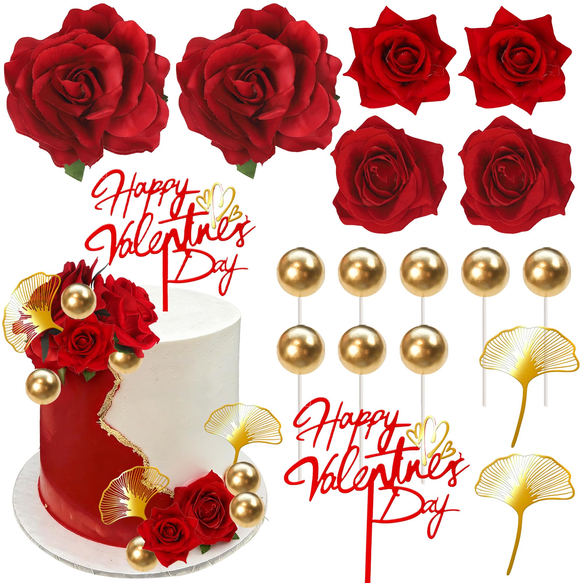 Xsstarmi Happy Valentine's Day Cake Decoration with Ginkgo Red Rose Flower Cake Picks for Valentine's Day Theme Wedding Girls Birthday Party DIY Cake Decorations Supplies β image 1