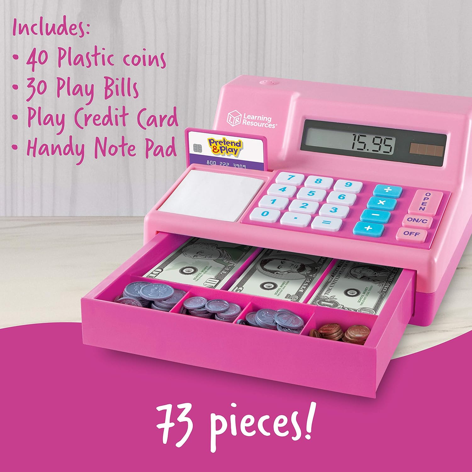 Learning Resources Pretend & Play Calculator Cash Register, Classic Counting Toy, 73 Pieces, Ages 3+, Easter Gifts for Kids, Pink: Toys & Games