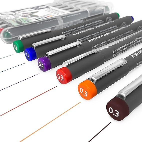 Staedtler 308-Pigment-Fineliner, 0,3 mm, Etui mit 6 verschiedenen Farben