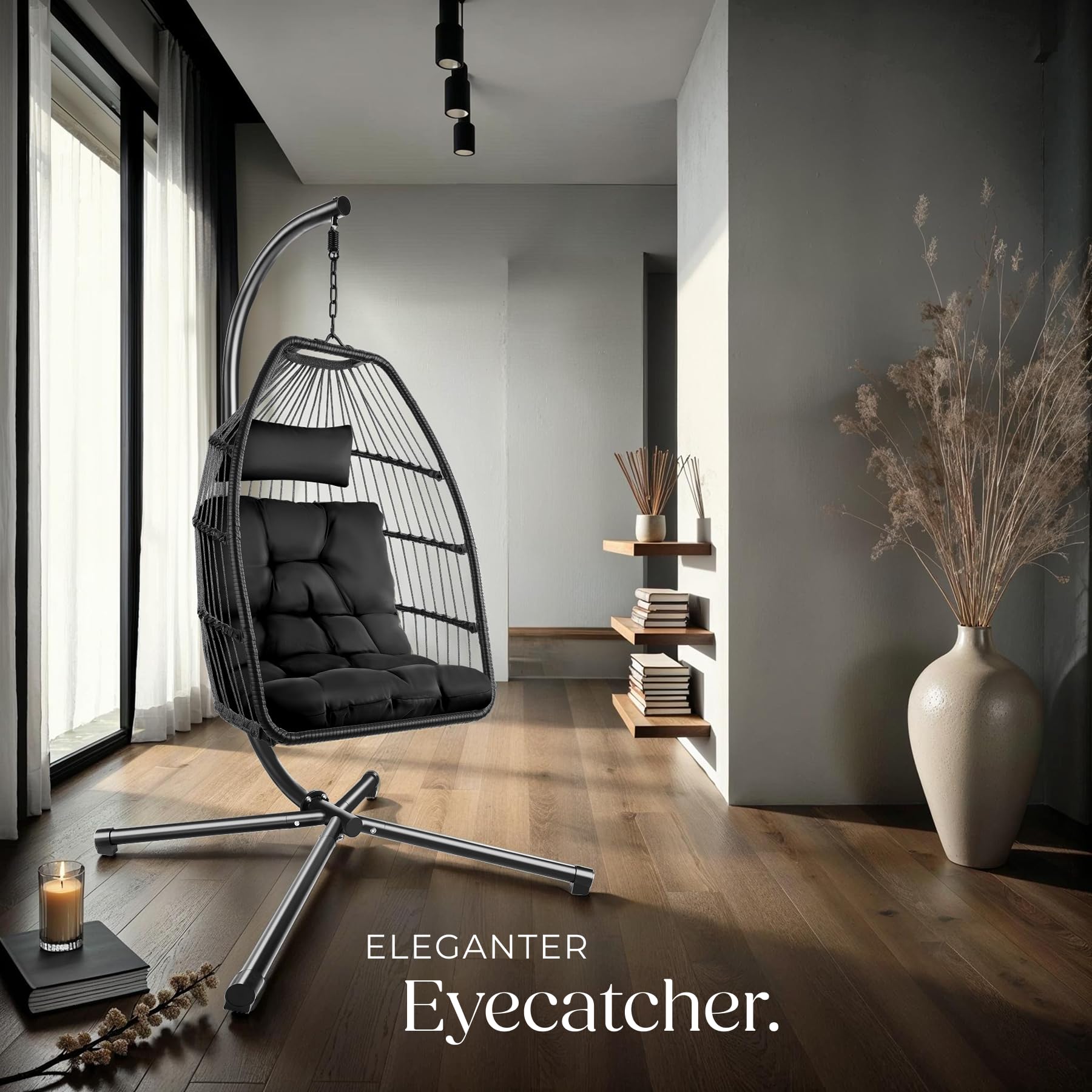 tectake® Hängesessel mit Gestell, Dicke Kissen, Möbel, Deko für Wohnzimmer, Jugendzimmer, Balkon, Outdoor oder Indoor Schaukel Sessel, Kinder & Erwachsene, belastbar bis 160kg - schwarz 9