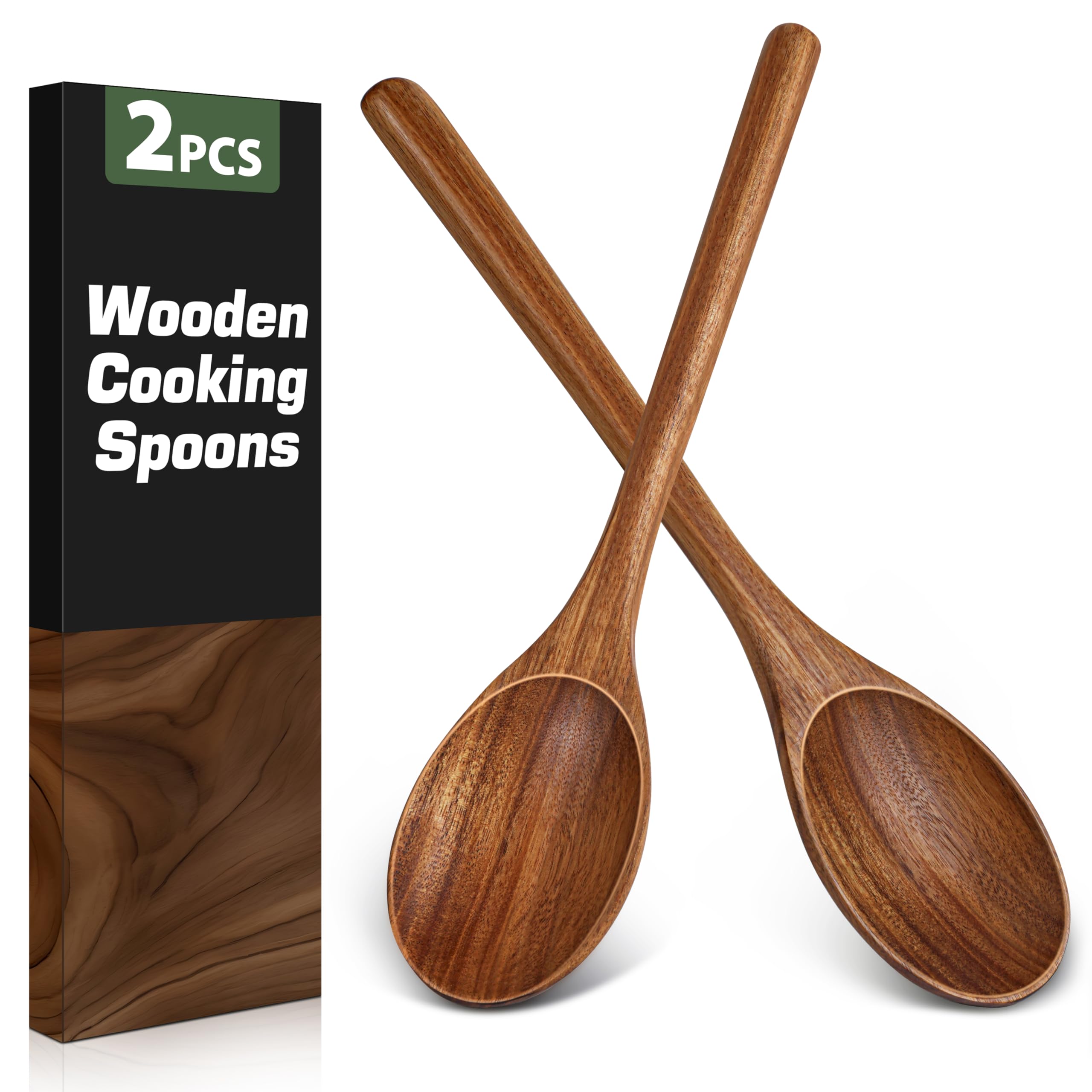 Photo 1 of 2PCS Wooden Spoons for Cooking, Natural Acacia Wood Cooking Spoons, Large Serving Spoons for Nonstick Cookware, Heat Resistant Durable Wooden Kitchen Utensils for Mixing Salad, Serving and Stirring