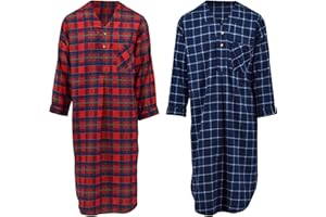 Andrew Scott Men's 2 Pack Lightweight Cotton Flannel Sleep Shirt, Long Henley Nightshirt Pajamas