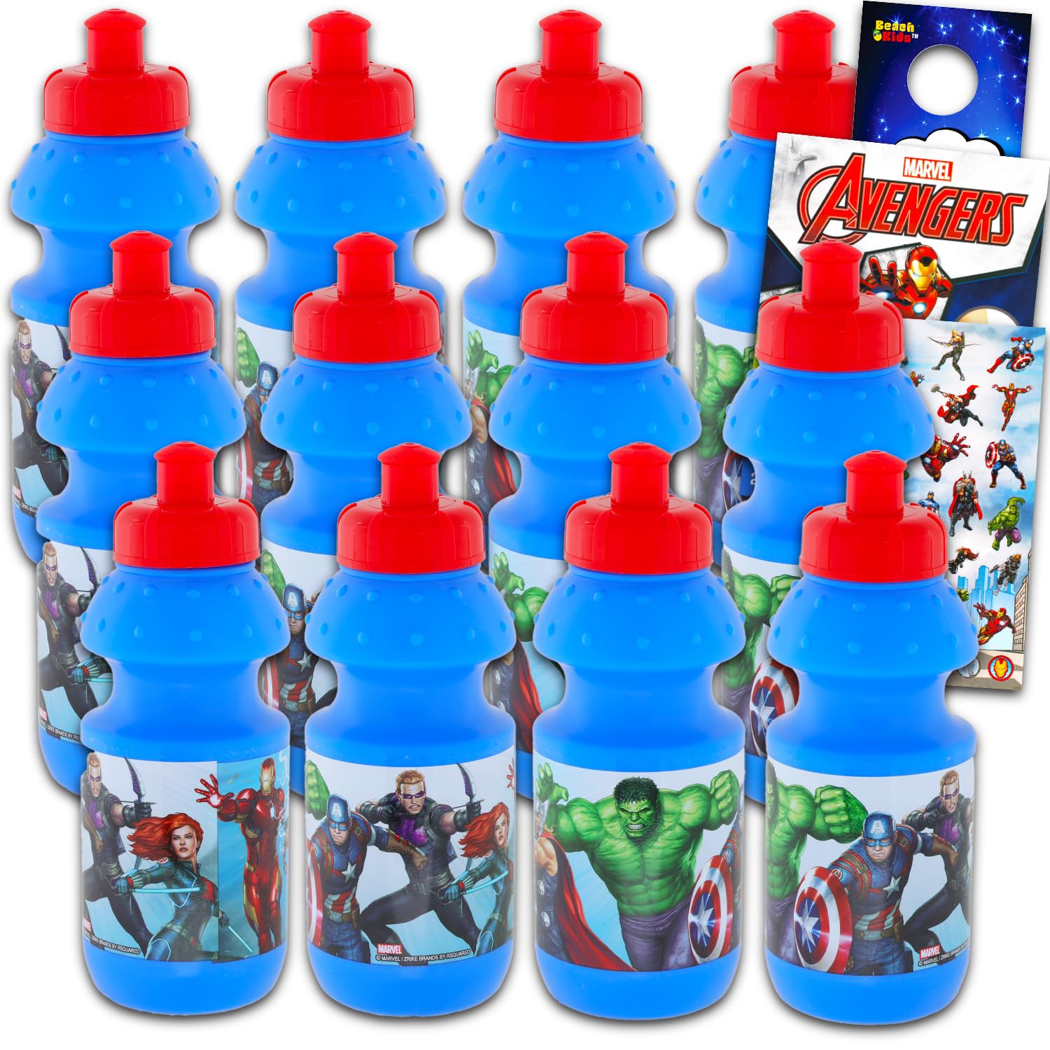 Photo 1 of Avengers Reusable Water Bottles 11 Oz for Kids - Marvel Avengers Party Favor 12 Piece Bundle with 11 Oz Bottle with Pull Top Lid Plus Tattoos, Stickers for Boys | Bulk Avengers Water Bottles