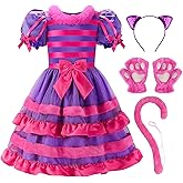 ReliBeauty Cartoon Magic Striped Cat Dress Wonderland Costume for Girls with Headband, Gloves and Tail