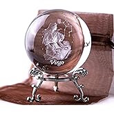 3D Inner Carving Constellation Ball Crystal Paperweight Full Sphere Glass Fengshui with Sliver-Plated Flowering Stand(Virgo)