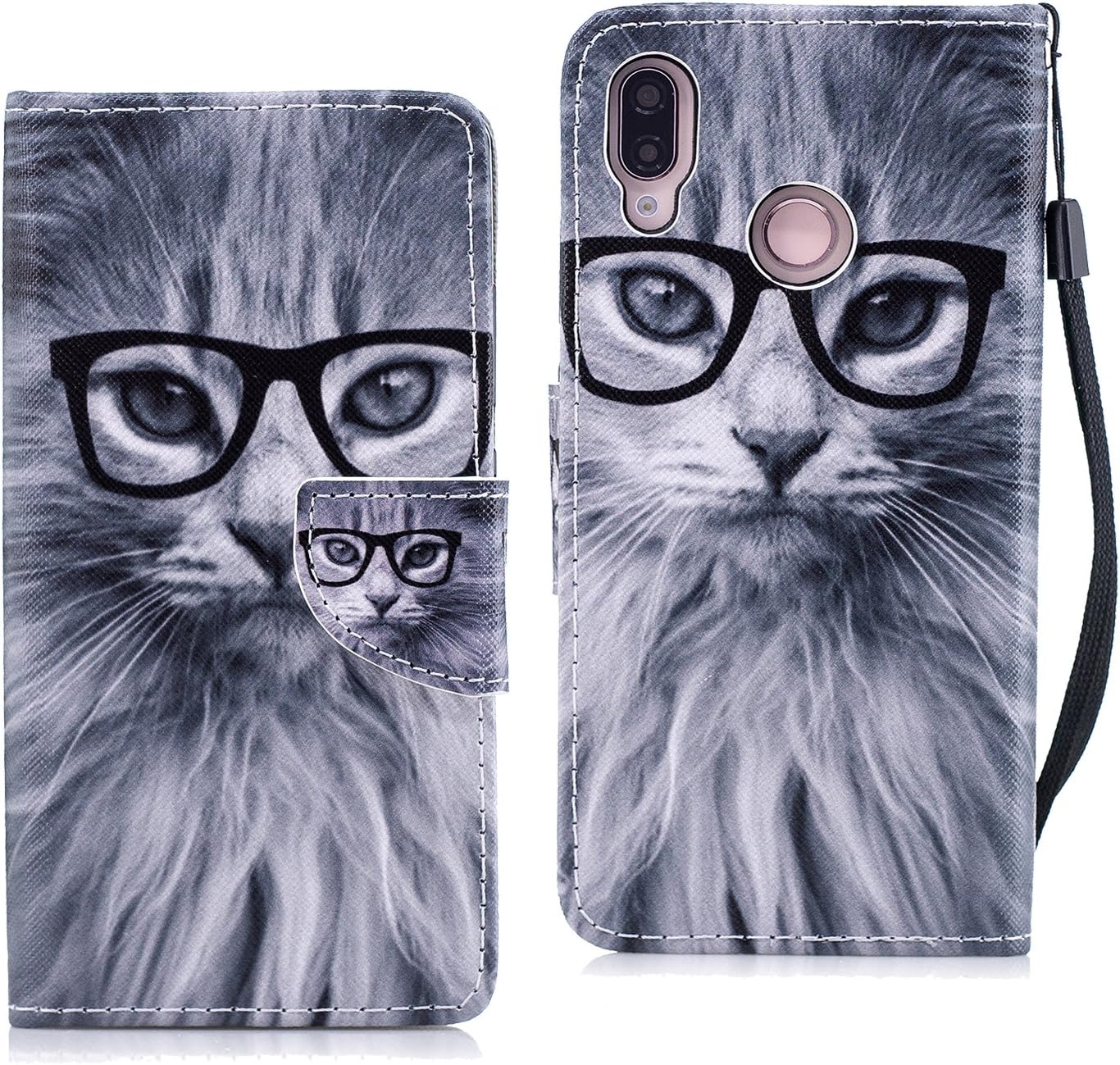 StarryON Huawei P20 Lite/Nova 3e 5.84" Flip Wallet Case Slim PU Leather Book Style Kickstand Cover Fashion Design With Animals and Illustrator Pattern Credit Card Slot(Fashion Cat)