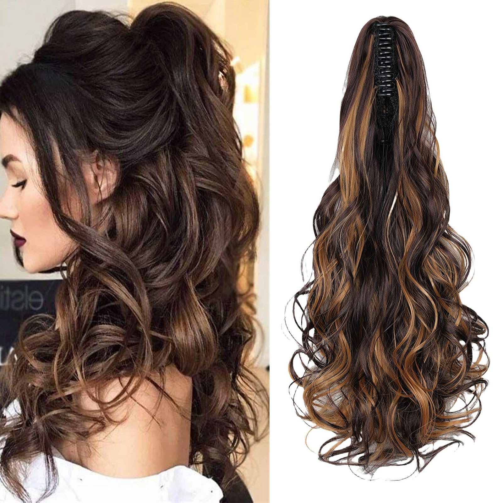 Cybelleza Ponytail Extension Curly Wavy Claw Jaw Pony Tail Clip in Hair Extensions Hairpiece Synthetic Long for Women (Medium Brown & Dark Blonde)