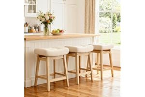 RNKSFX Counter Height Bar Stools Set of 3 for Kitchen Counter Farmhouse Modern Barstools with Upholstered Fabric Backless Seat and Solid Wood Legs 24 inch Bar Chairs, Khaki + Wood Color
