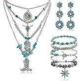 Womylufy Turquoise Western Jewelry Set for Women, Boho Cowgirl Earrings Bracelet Stack and Layered Necklace, Silver Tone, Multiple Styles