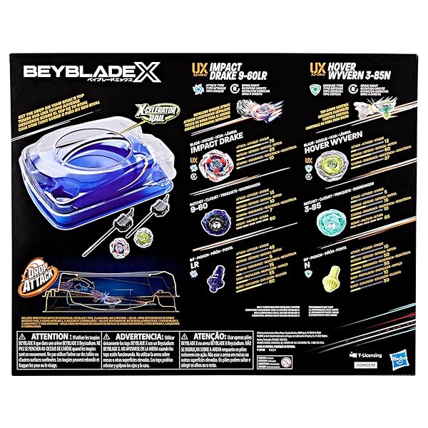 BEYBLADE X DROP ATTACK BATTLE SET WITH BEYSTADIUM ARENA, 2 TAKARA TOMY TOPS & LAUNCHERS, IMPACT DRAKE 9-60LR & HOVER WYVERN 3-85N, BATTLING GAME TOYS, AGES 8+