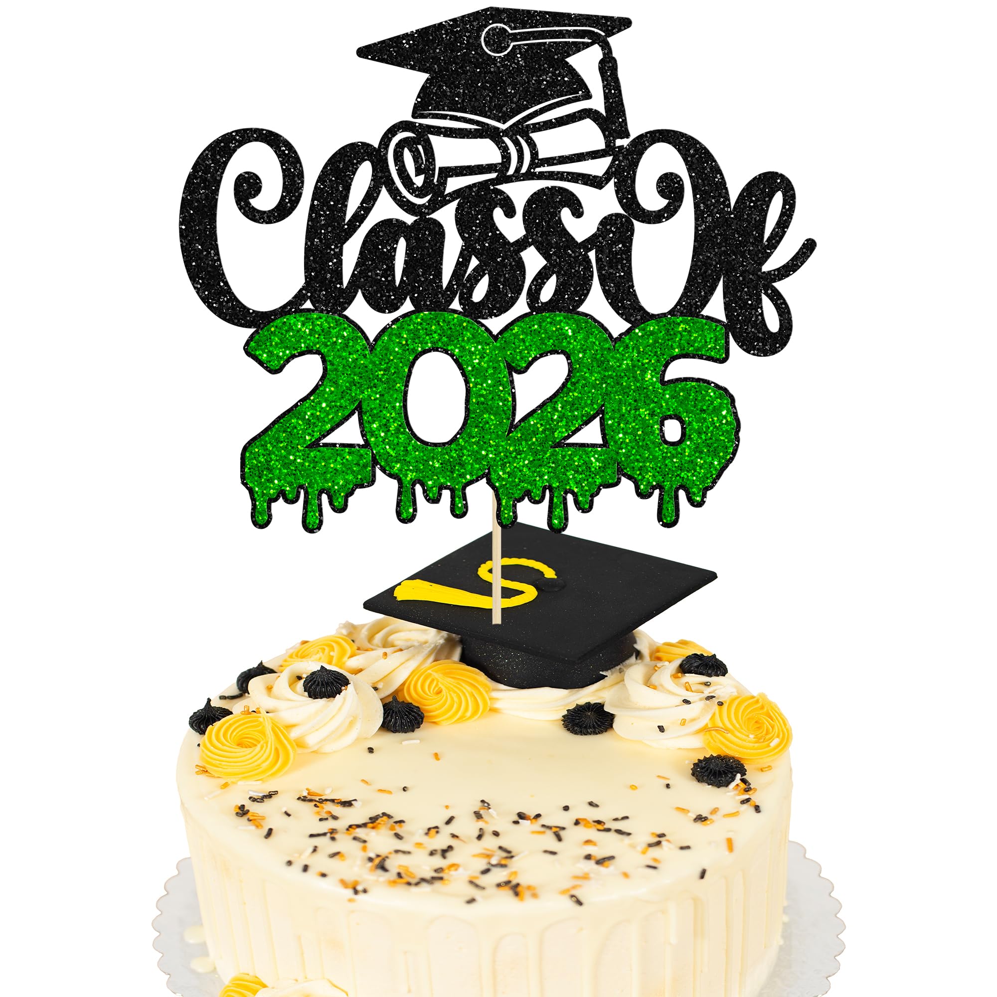 1Pc Class of 2026 Cake Topper Glitter Congrats Grad Cap 2026 Graduation Cake Pick for 2026 Graduation Theme High School Boys Girls Graduate Party Cake Decorations Supplies Black Green