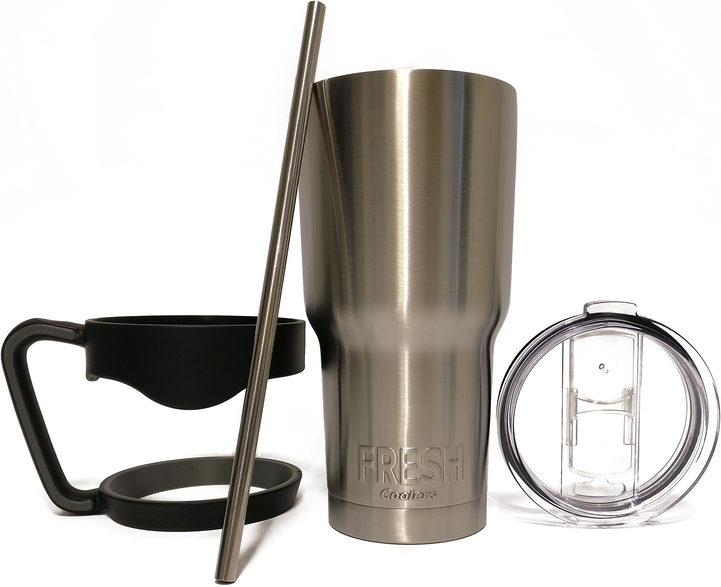 Fresh Coolers Stainless Steel Tumbler 30 Oz with Handle, Slide Close Lid, and Straw