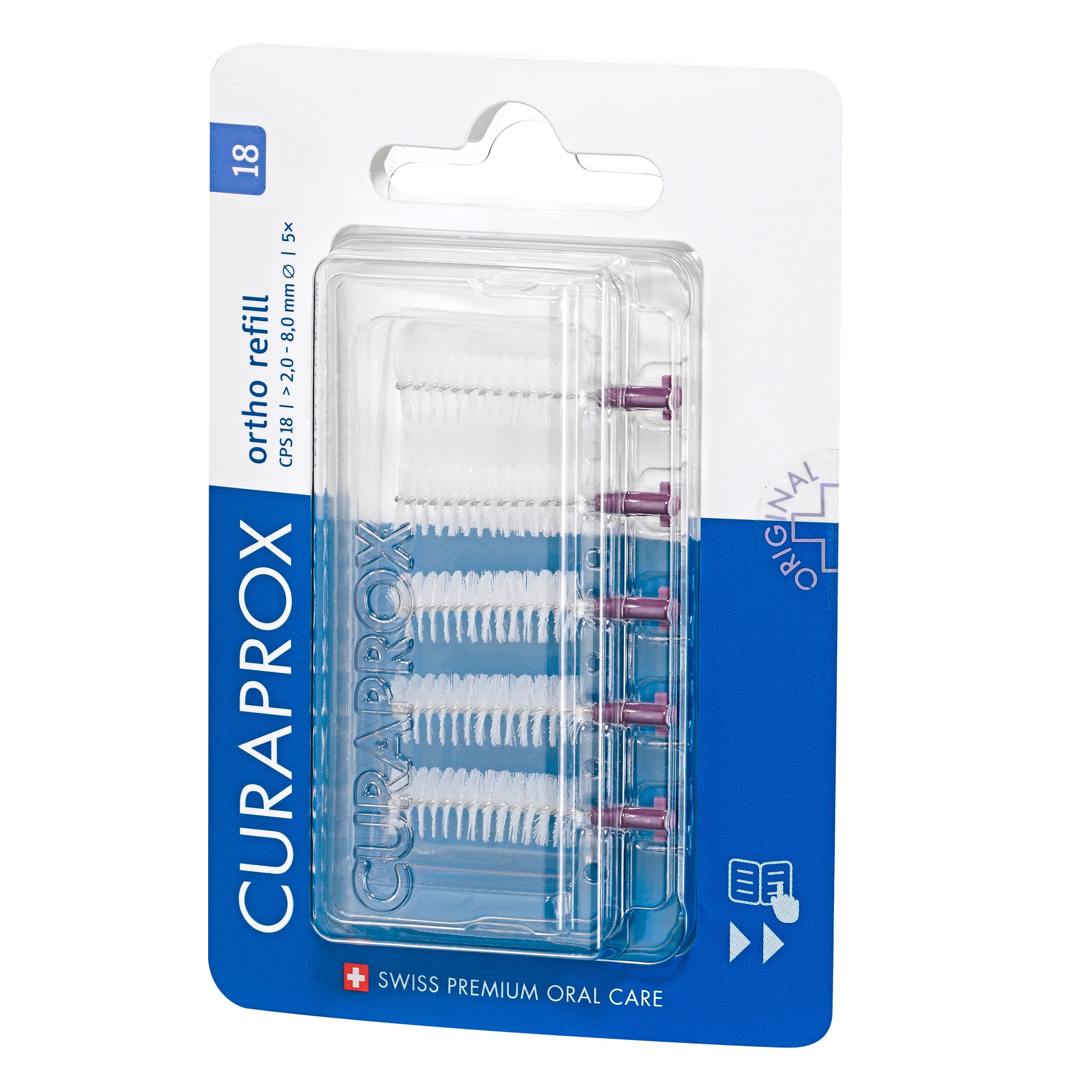 Curaprox Interdental Brushes CPS 18 Ortho Refill, Pack of 5, Purple, 2 mm Diameter, 8 mm Effectiveness, Refill Pack Without Holder