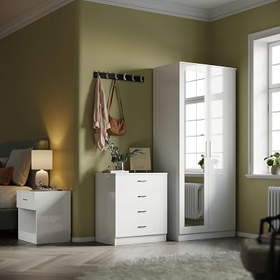 ELEGANT High Gloss 2 Door Wardrobe Set with Mirror & 4 Drawer Chest, White