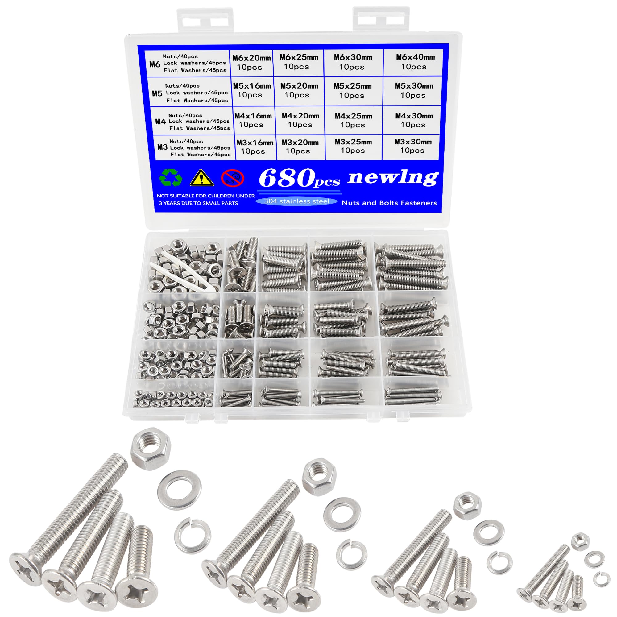 newlng 680pcs countersunk head screws with nose screw set M3 M4 M5 M6 screw and nut washers 304 stainless steel cross countersunk head screw machine screws for DIY repair fixing accessories — image 1