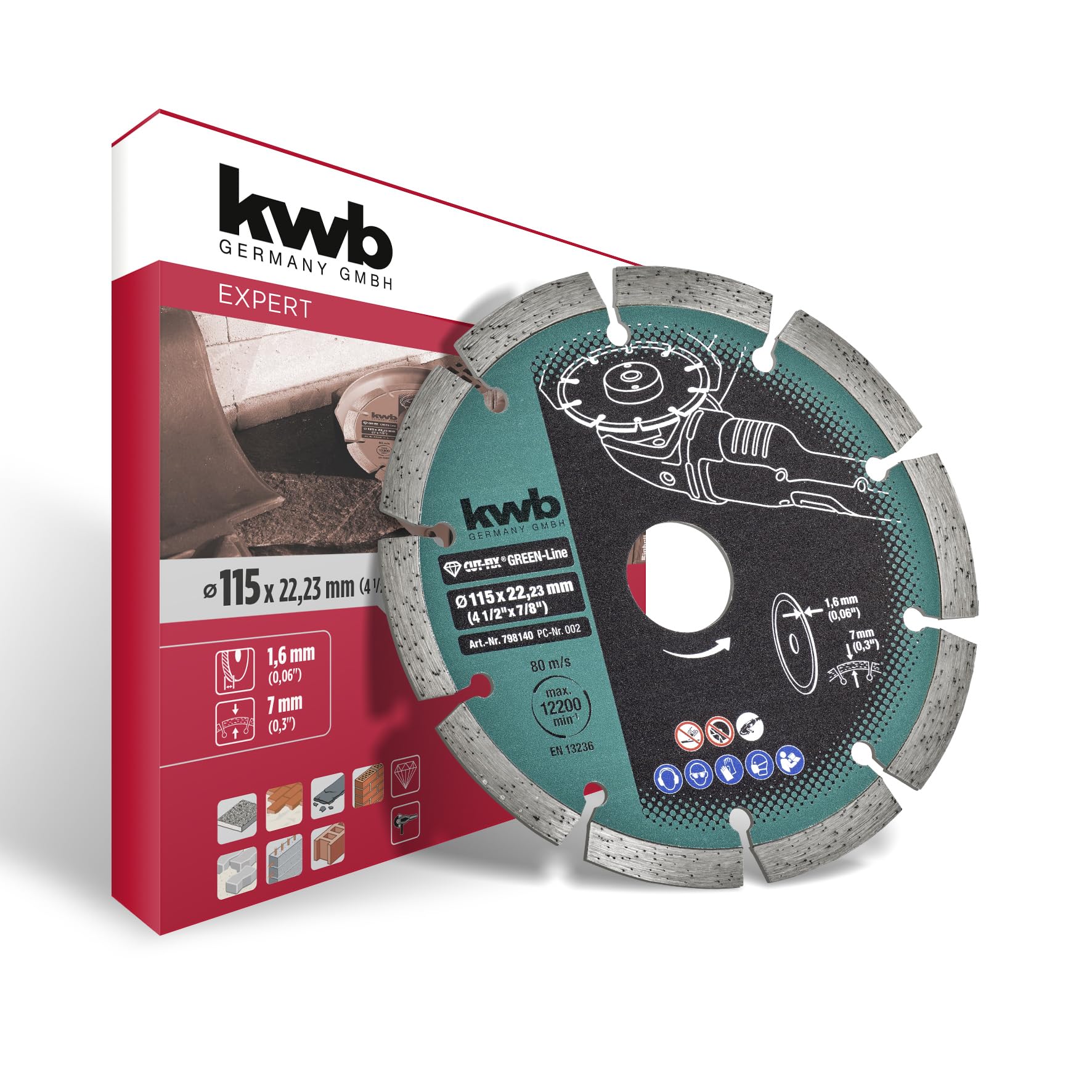 kwb Cut-Fix® Green-Line Diamond Cutting Disc Ø 115 Mm With Segmented Turbo Edge, Long Service Life, Sintered and With 22.23 Mm Hole