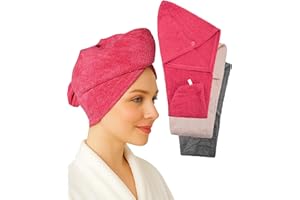 TEXTILA STORES Textila 100% Cotton Hair Wrap Towels for Women, (Pack of 3 - Raspberry, Pink & Grey) Head Towel Cap, Cotton Hair Turban Towel Wrap for Long Curly Anti Frizz Hair, Soft and Absorbent Cotton Hair Towels