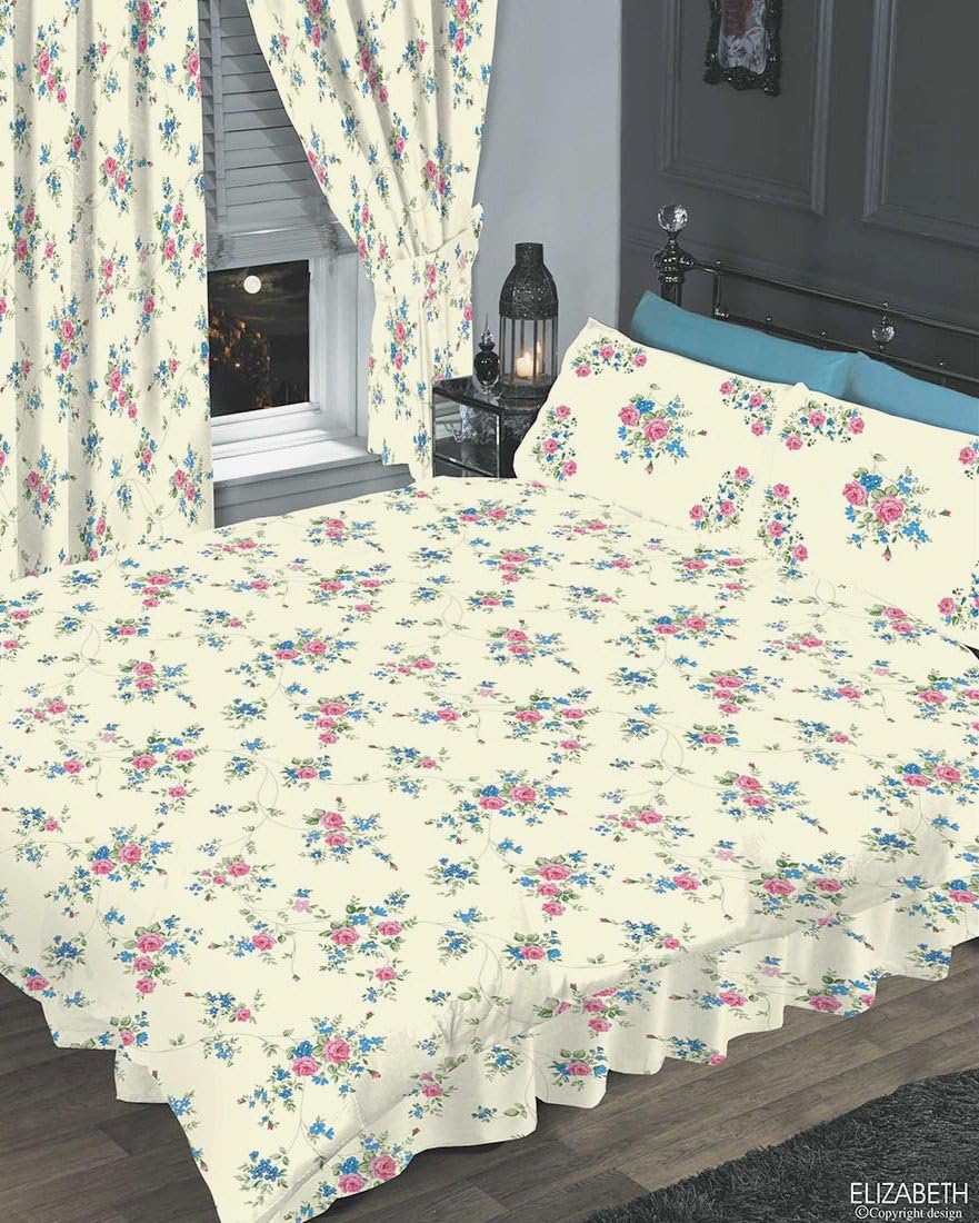 The Cameo Collection Elizabeth Blue, Single Bed Complete Set, Duvet/Quilt Cover & Pillowcase & Fitted Valance Sheet, Traditional Floral Set Rose Flowers Cream Pink Green