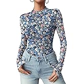 Zeagoo Womens Floral Mesh Long Sleeve Tops See Through Going Out Blouses Mock Neck Sheer Party Outfits Shirts S-XXL