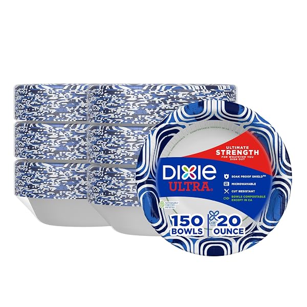 DIXIE ULTRA, LARGE PAPER BOWLS, 20 OZ, 25 COUNT (PACK OF 6), MICROWAVE SAFE, COMPOSTABLE, DISPOSABLE BOWLS GREAT FOR BREAKFAST, LUNCH, AND DINNER MEALS