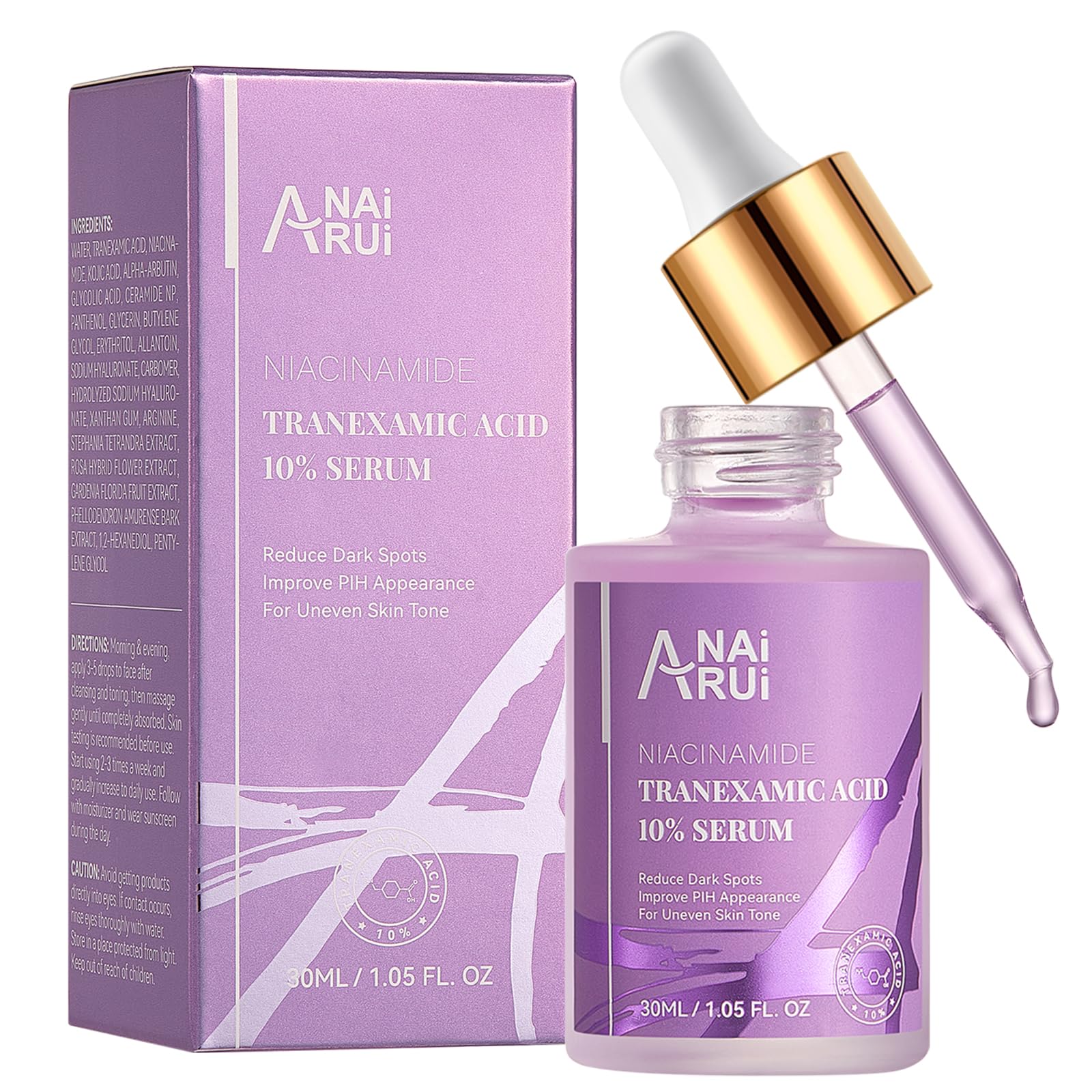 ANAiRUi 10% Tranexamic Acid Serum 30 ml, Dark Spot Correcting Serum with Tranexamic Acid + Hyaluronic Acid + Niacinamide, Targets Hyperpigmentation, Even Skin Tone