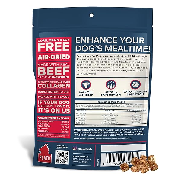 PLATO PET TREATS DOG FOOD TOPPERS – AIR-DRIED DOG FOOD TOPPERS FOR DRY FOOD – WITH COLLAGEN TO SUPPORT SKIN AND COAT HEALTH – BEEF AND COLLAGEN RECIPE 12OZ