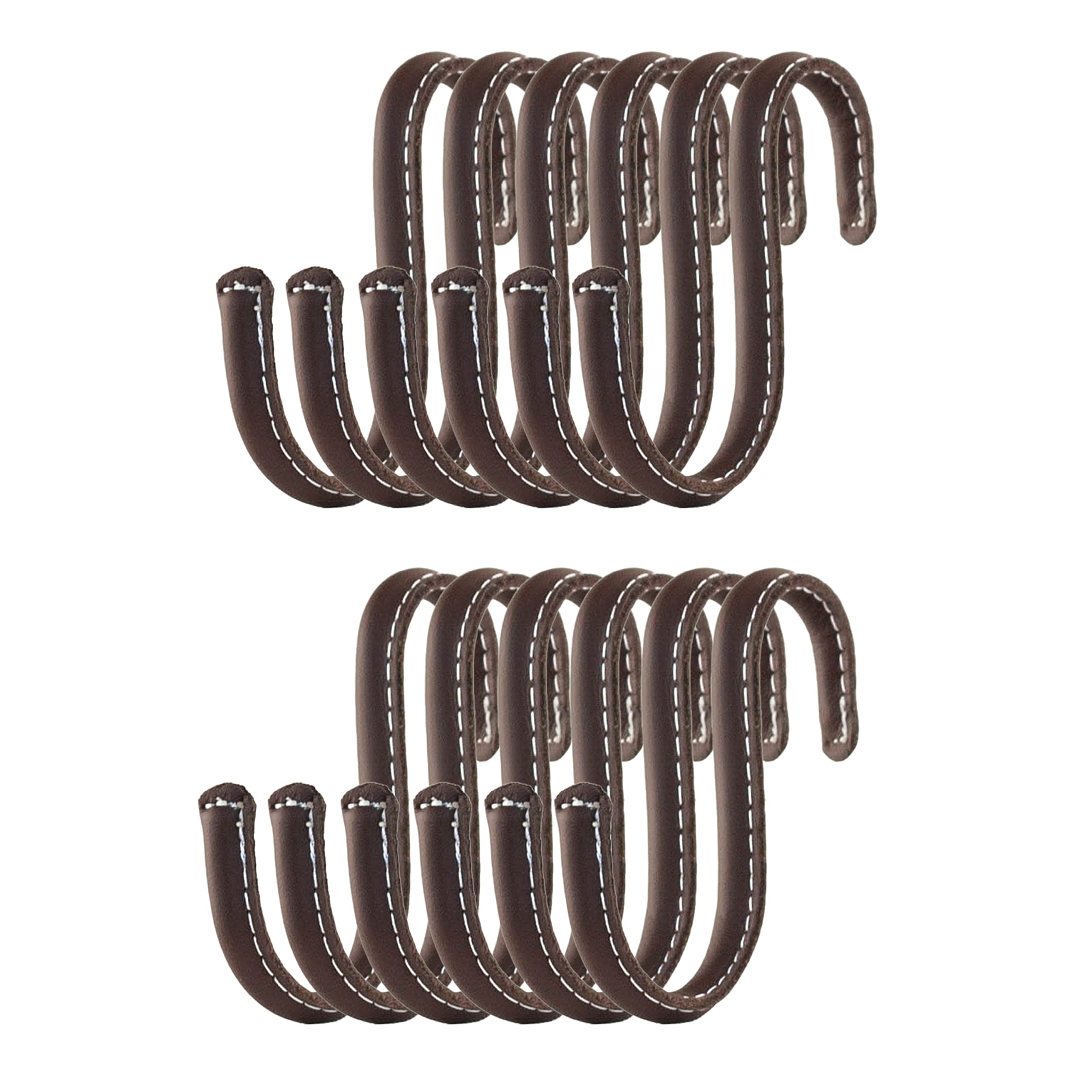 Brute Strength - S Shaped Hooks Wrapped in Full Grain Leather - 12 pcs - Brown - 10 cm Stainless Steel Metal Hangers Hanging Hooks for Kitchen, Work Shop, Bathroom