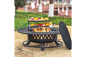 FLORISE 47 Inch Fire Pit with 2 Grills, Outdoor Extra Large Firepits for Outside, Wood Burning Fireplace for Camping,Picnic,Bonfire, 3-in-1 Round Metal Table with Lid for Backyard,Patio,Party