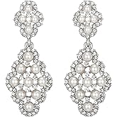 BriLove Wedding Bridal Simulated Pearl Earrings for Women Crystal Hollow Rhombus Chandelier Dangle Earrings for Party Prom Accessories