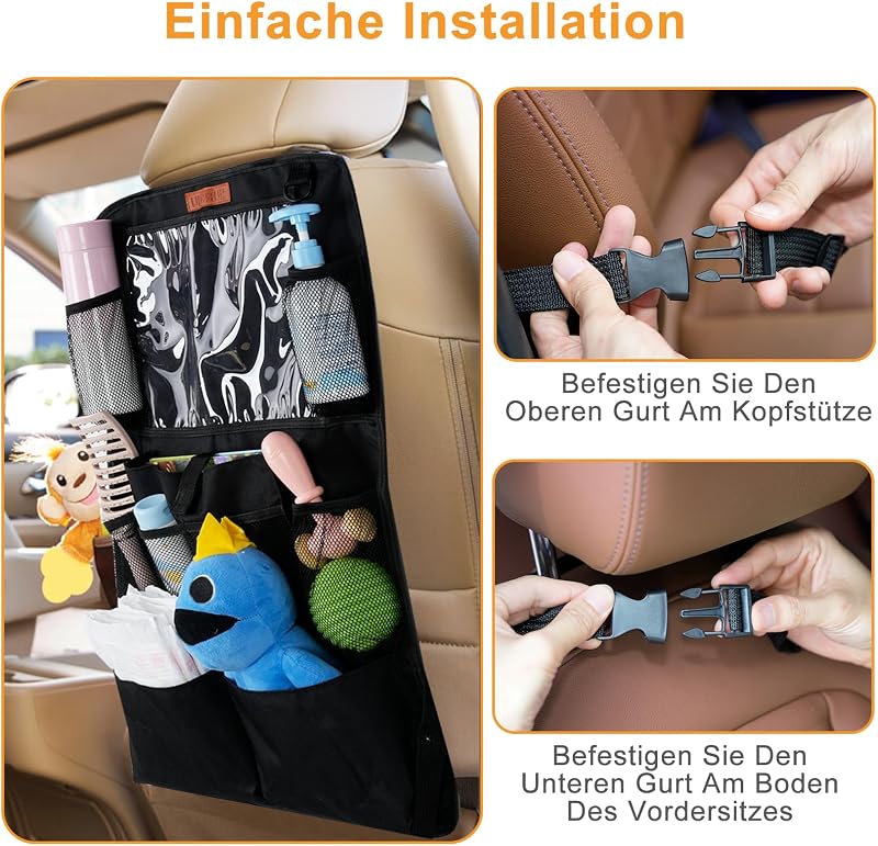 Organisateur Voiture Enfant, Protection Siège Arrière Tissu Oxford Imperméable Anti-Saleté, Rangement Multi-Poches avec Grande Poche pour Jouet et Livres, Accessoire Auto Intérieur, Noir SURFOU