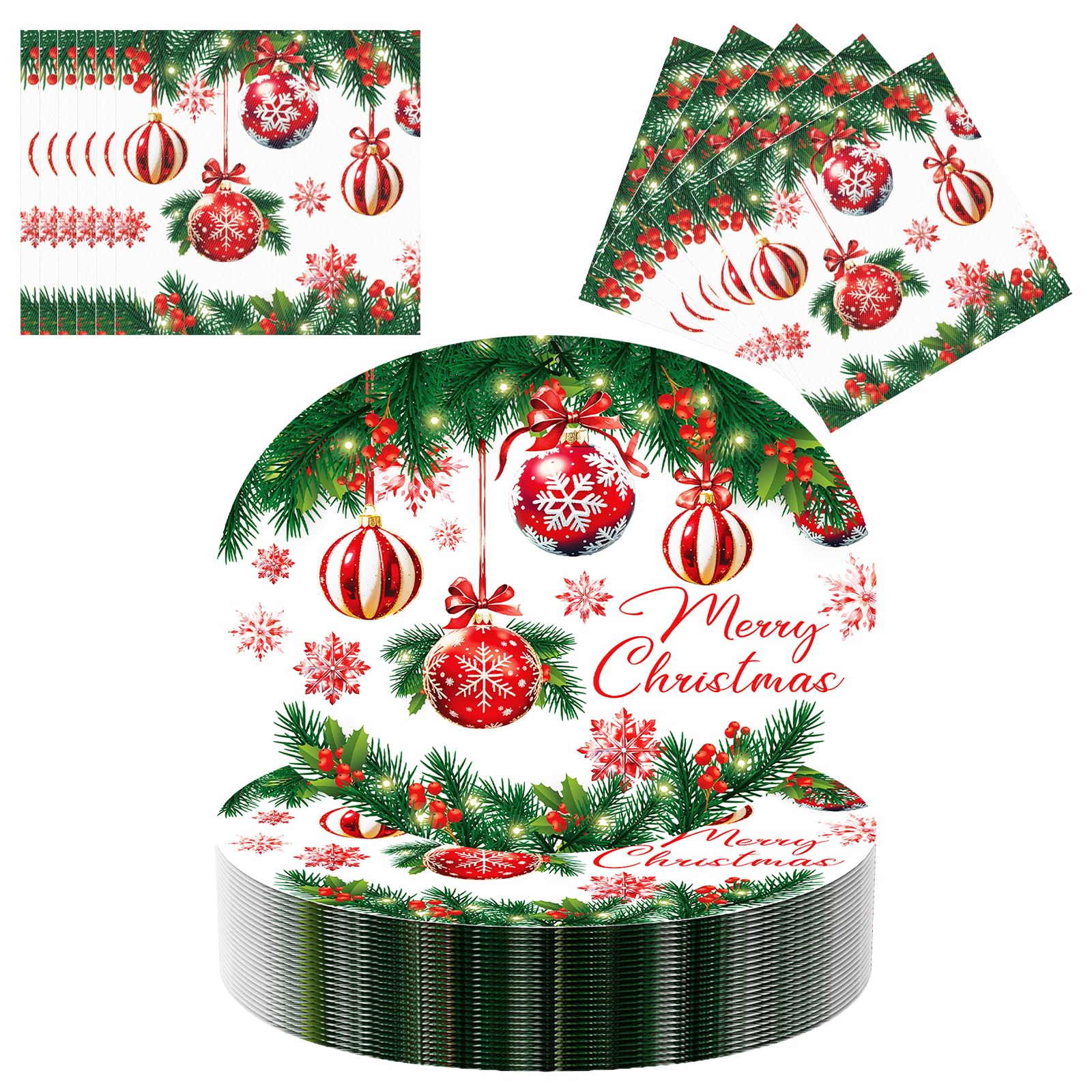 View 1 of 100 Pcs Christmas Oval Paper Plates and Napkins Set, 10" x 12" Large Disposable Plates for Christmas Party Supplies
